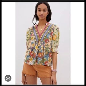 Anthropologie BLK Floral V-Neck Peasant Blouse - Multicolor, like new, no tags